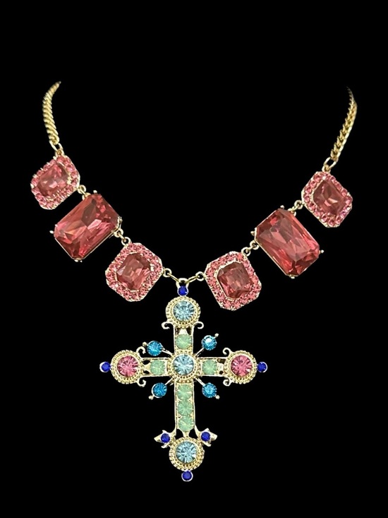 Jewelry - Gold Cross Pendant Necklace with Pink and Aqua Crystals